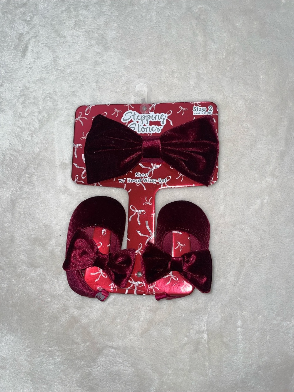 Stepping Stones Burgundy Velvet Bow Headband & Shoe Set